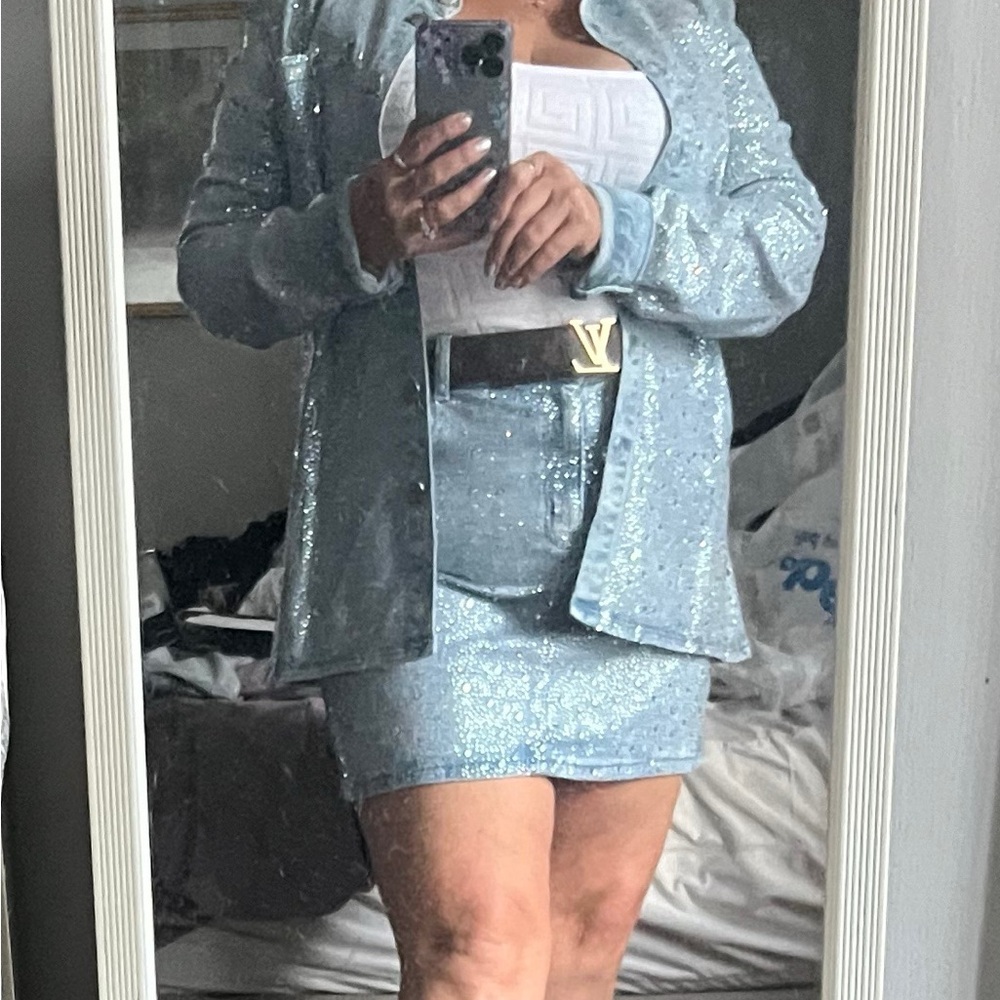 Blue Denim Mini Skirt Suit with rhinestones 1X . You will Shine Bright for Sure!
